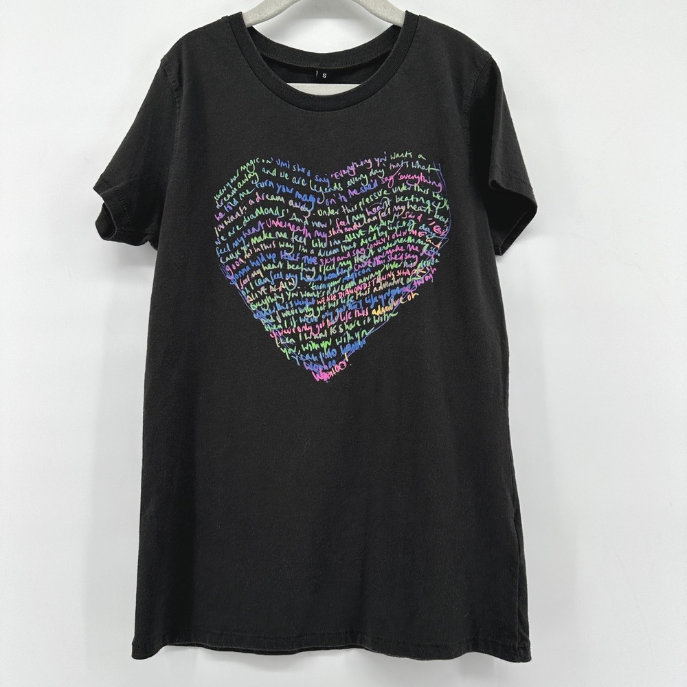 Coldplay Kids Black Rainbow Heart Lyric Graphic T-Shirt Size S Short Sleeve